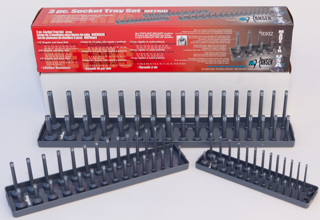 Hansen 6 Pc Socket Tray Metric SAE Tool Rack Holders 1/4" 3/8" 1/2" PK/Grey USA 